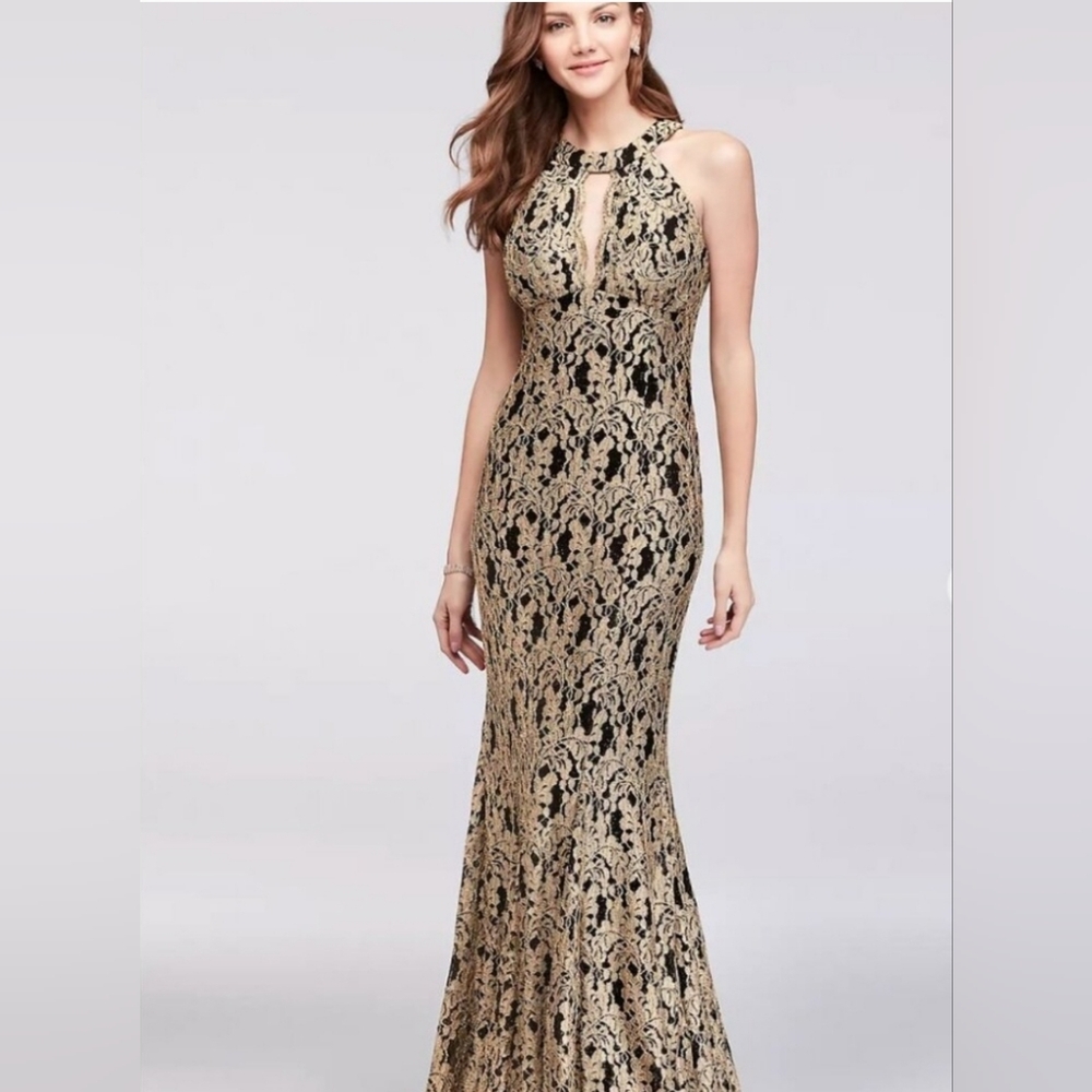 NW Nightway Black & Gold Lace Halter Neck w Keyhole Mermaid Formal Evening Gown